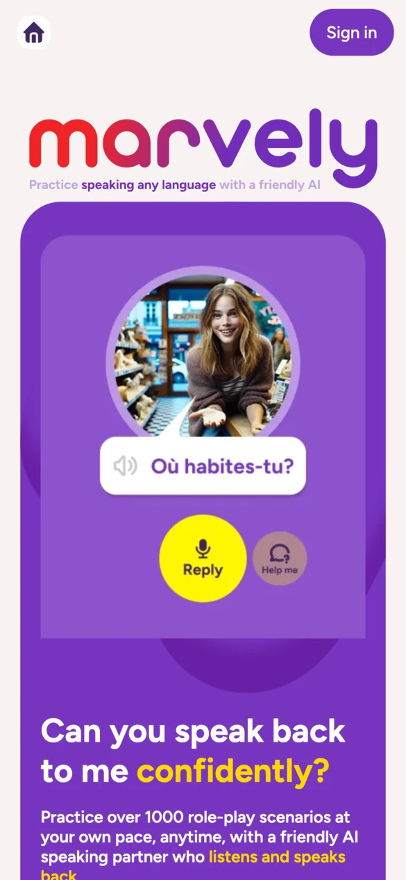 Marvely homepage choose language