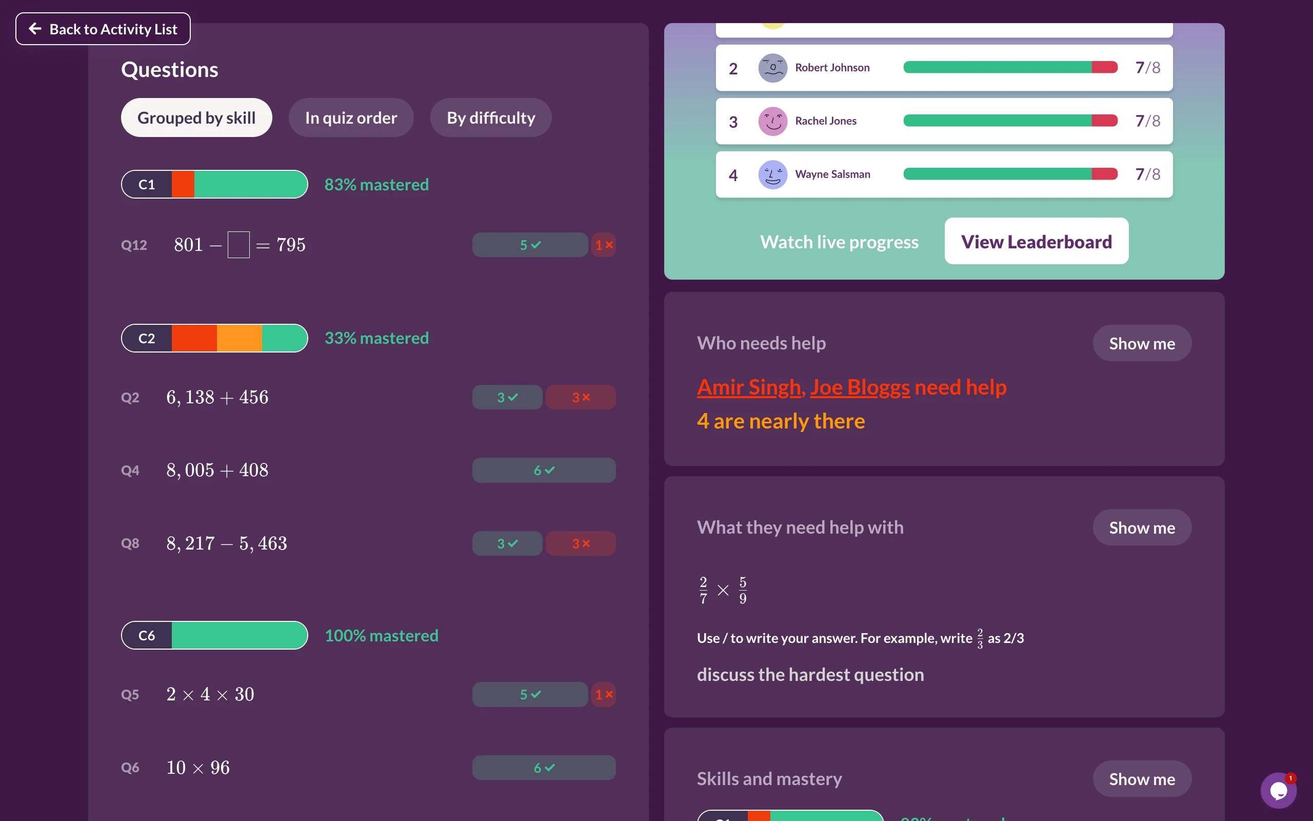 Real-time mastery tracking by skill